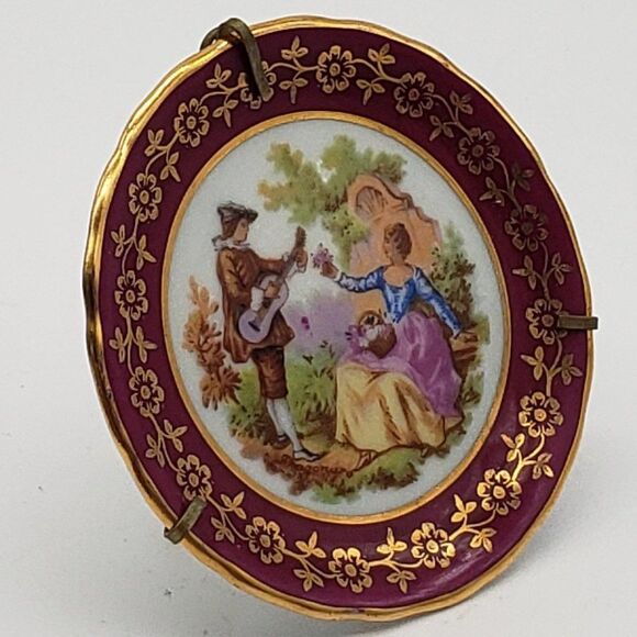 Limoges France Vintage Porcelain Cranberry Gold Gilt Romance Couple Mini Plate - Picture 4 of 6